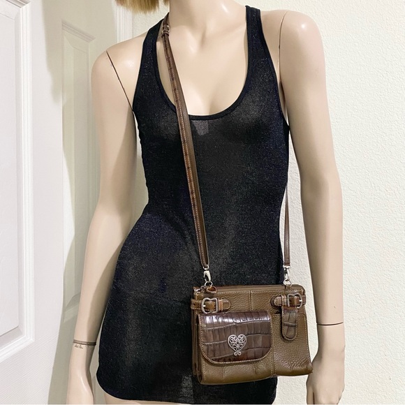 Vintage BRIGHTON Brown Olive Croc Embossed Leather Multifunction Crossbody Bag - Picture 2 of 16